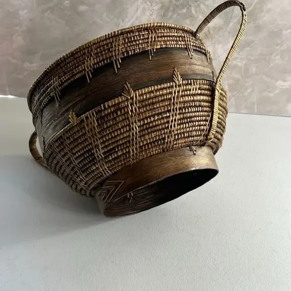 Hand-woven Basket With Lid 7 Tall Rattan and Wood Double Handles